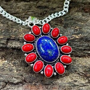Stunning Lapis Lazuli and Red Coral Gemstone pendant.